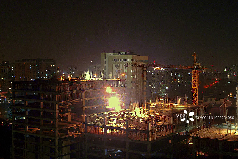 孟加拉国达卡夜间高层建筑施工图片素材