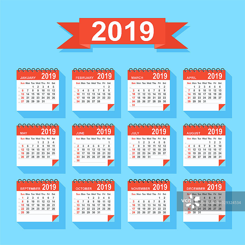 2019年扁平现代彩色日历，星期天起始图片素材