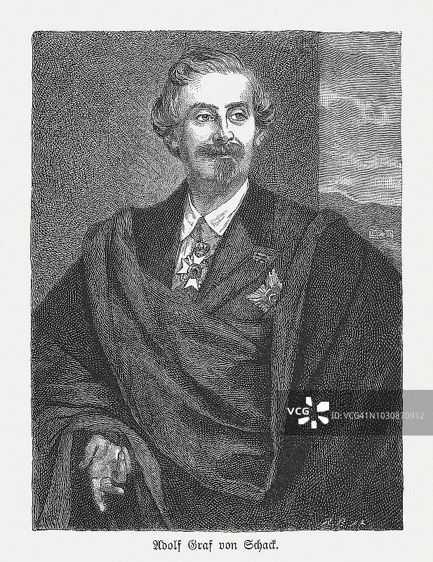 阿道夫·弗里德里希·冯·沙克伯爵 (1815-1894)，1888年出版的木刻版画图片素材
