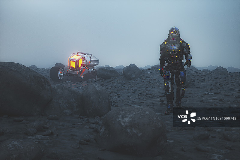 未来宇航员行走在外星球上图片素材