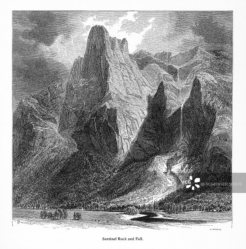 优胜美地国家公园哨兵岩和瀑布（1872年美式维多利亚时代版画）图片素材