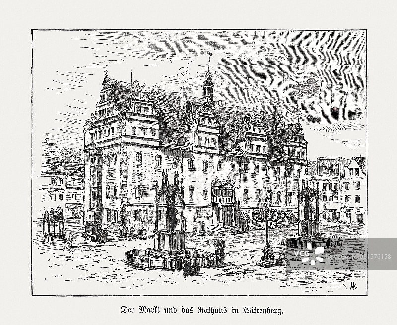 德国维滕贝格的市场广场和市政厅（1888年木刻版画）图片素材