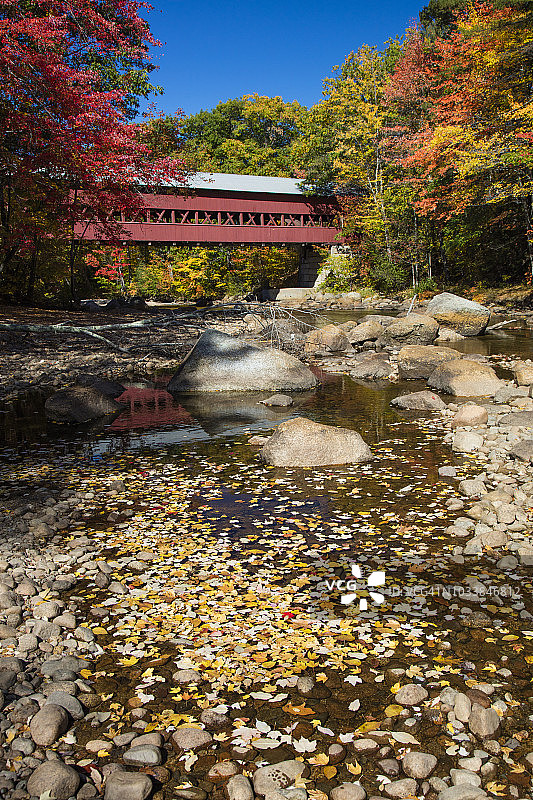 萨科河和秋季廊桥，怀特山国家森林图片素材