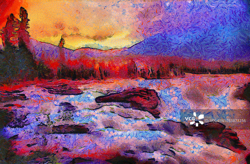 加拿大阿尔伯塔省贾斯珀国家公园阿萨巴斯卡瀑布的油漆效果图片素材