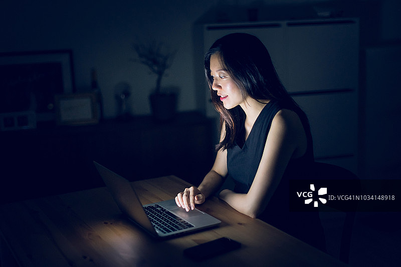 在家办公到深夜，使用笔记本电脑的忙碌年轻亚洲女性图片素材