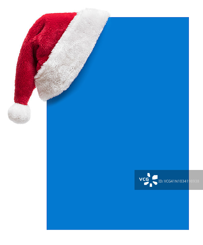 蓝色空白标语牌上的圣诞帽（白色背景隔离）图片素材