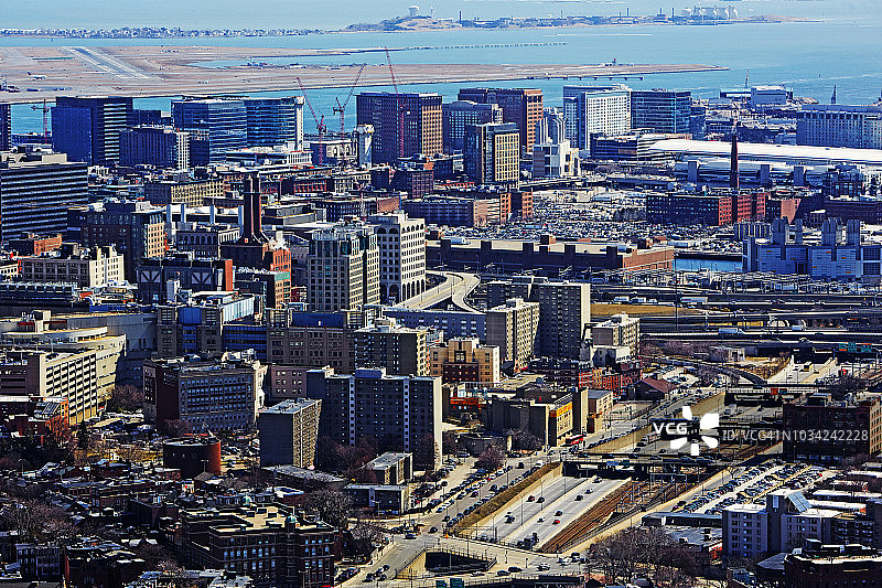 日出时分波士顿市中心航拍景色图片素材