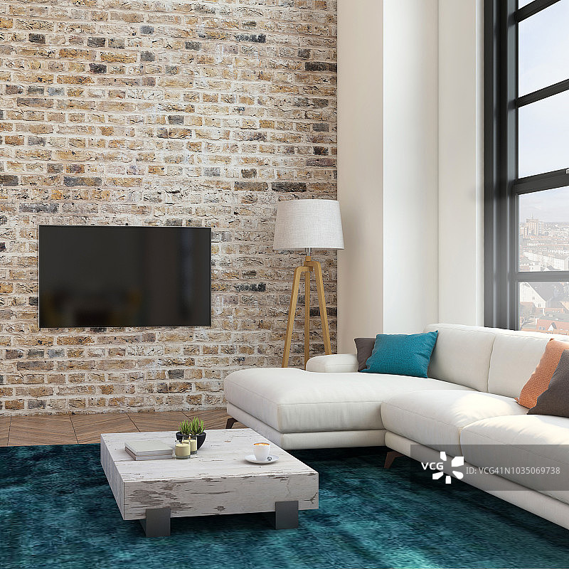阁楼公寓客厅，配有大电视LED屏幕图片素材