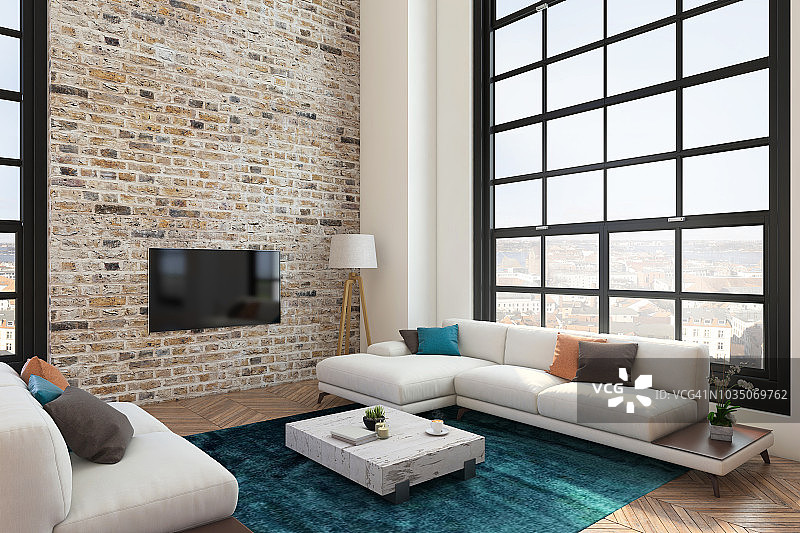 阁楼公寓客厅，配有大电视LED屏幕图片素材