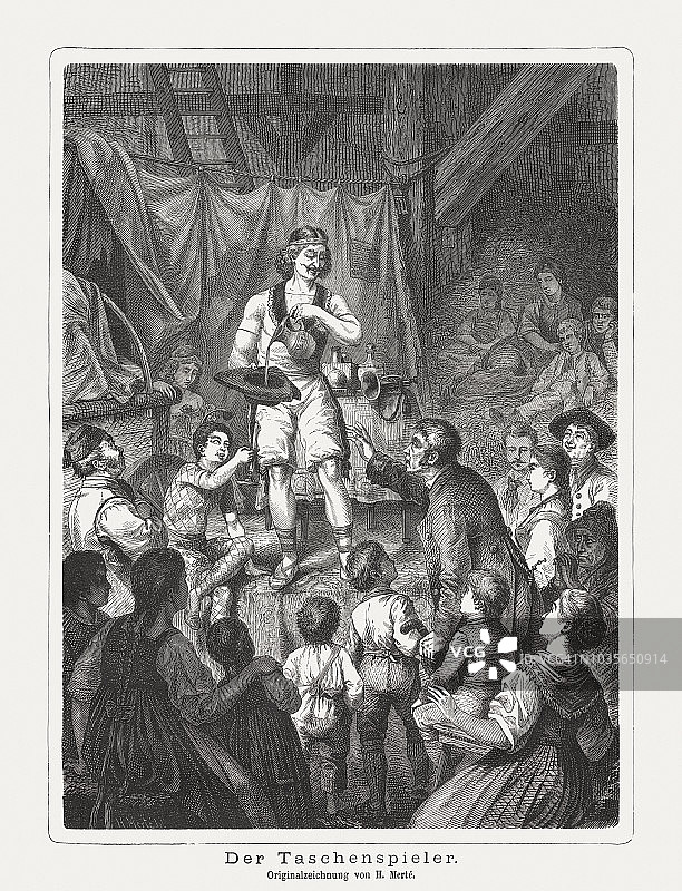 1876年出版的木刻版画：过去的魔术师图片素材