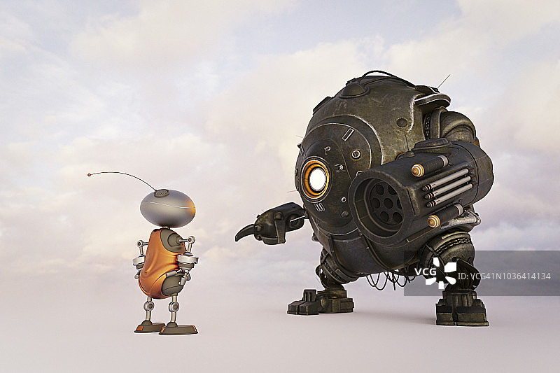 装备大炮的巨型机器人指向较小的反抗机器人图片素材