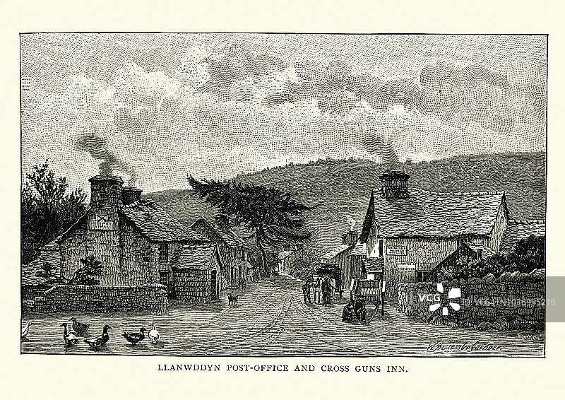 19世纪威尔士蒙哥马利郡Llanwddyn的邮局和旅馆图片素材