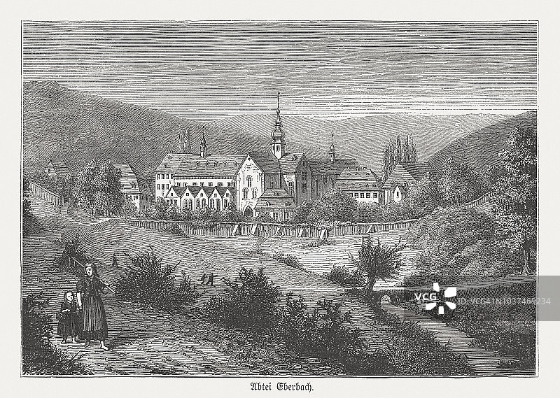 德国莱茵高埃伯巴赫修道院木刻版画，1876年图片素材