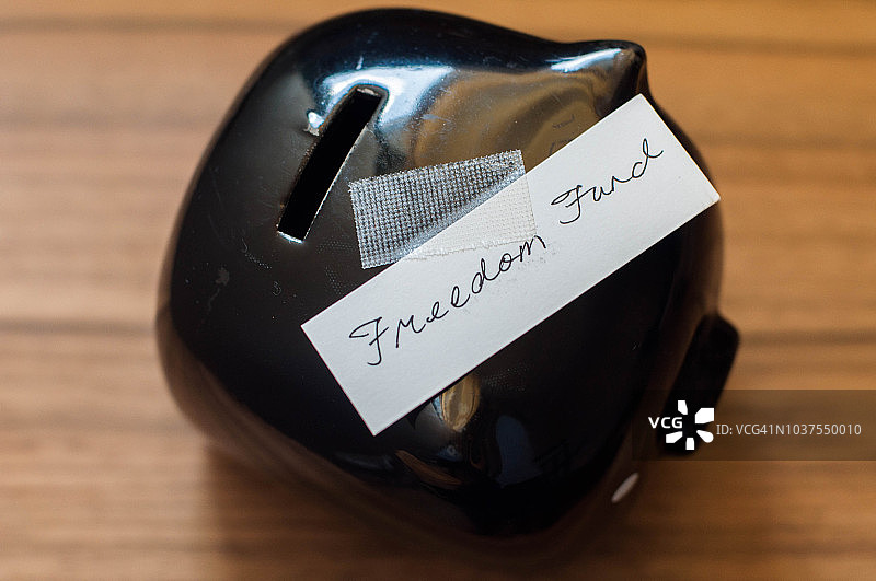 写着“自由基金”字样的黑色小猪存钱罐图片素材