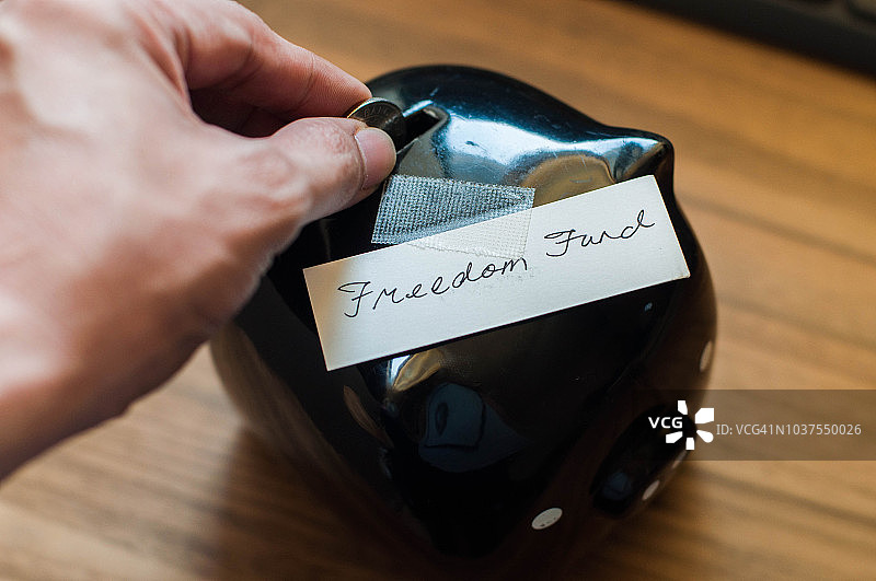 写着“自由基金”字样的黑色小猪存钱罐图片素材