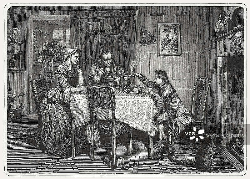 瓦特首次实验，马库斯·斯通绘（约1870年），1876年出版图片素材