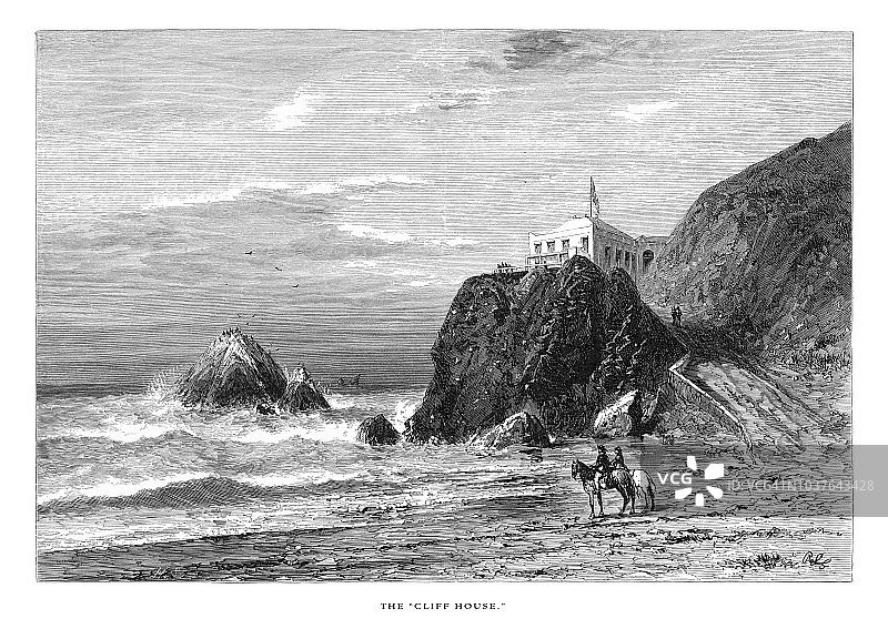 美国加利福尼亚州海岸金门大桥的悬崖屋，美国维多利亚时代版画，1872年图片素材