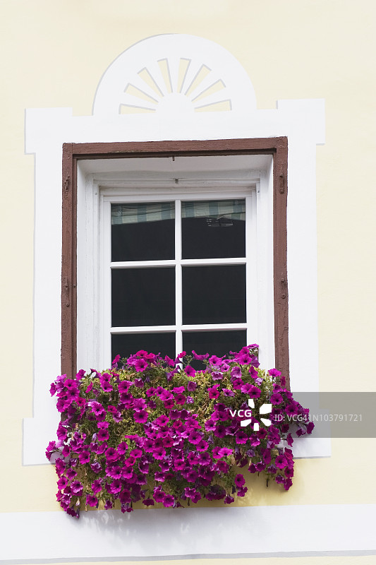 带花箱的装饰窗户，奥尔蒂塞伊，上阿迪杰，意大利图片素材