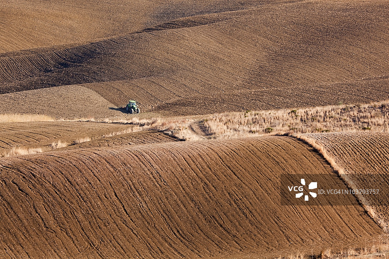 绿色拖拉机在阿尔哈林·埃尔·格兰德附近耕作田地图片素材
