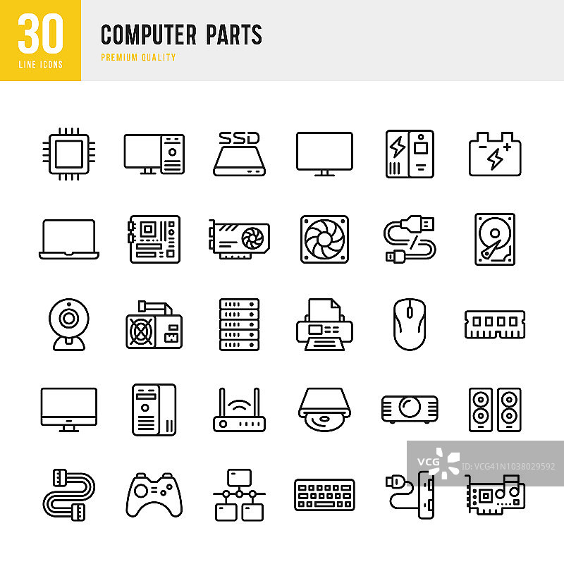电脑零件线性矢量图标集图片素材