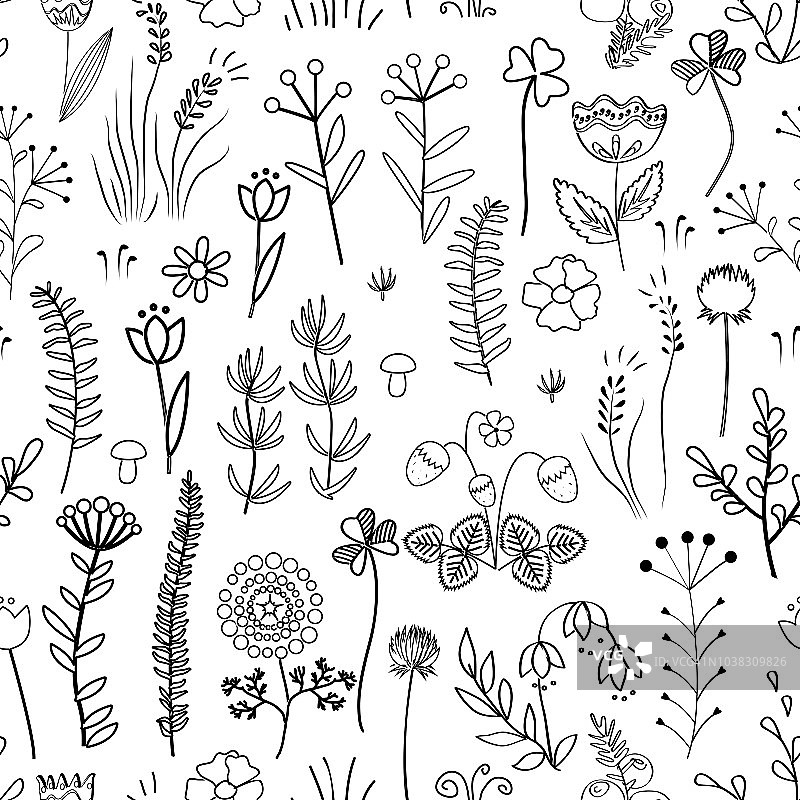 复古植物花卉涂鸦无缝图案图片素材