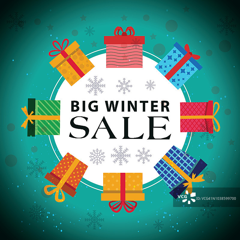 黑色字母、礼物和雪花冬季促销背景插画图片素材