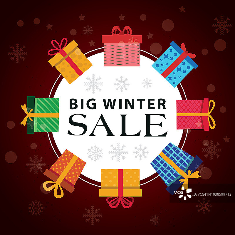 黑色字母、礼物和雪花冬季促销背景插画图片素材