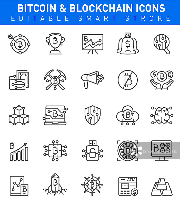 比特币与区块链图标加密货币集（可编辑描边）图片素材