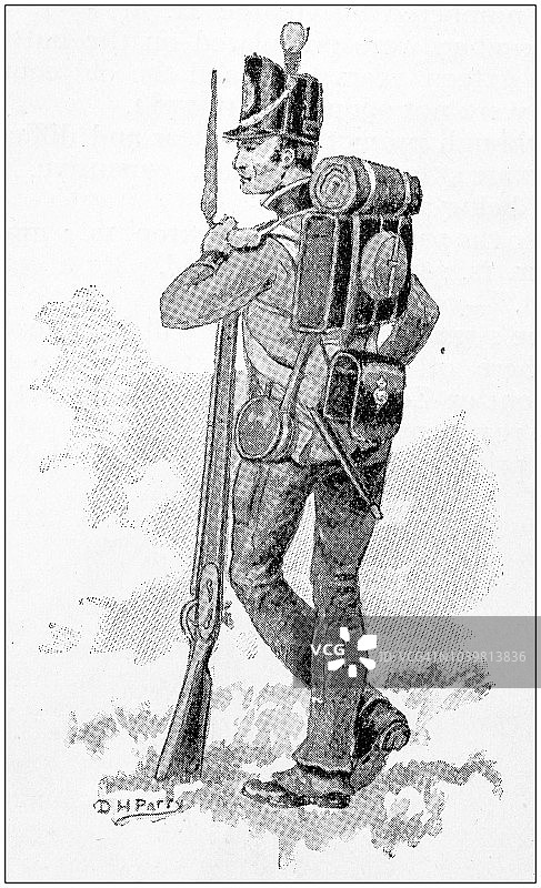 古董绘画插图：士兵，1812年步兵图片素材
