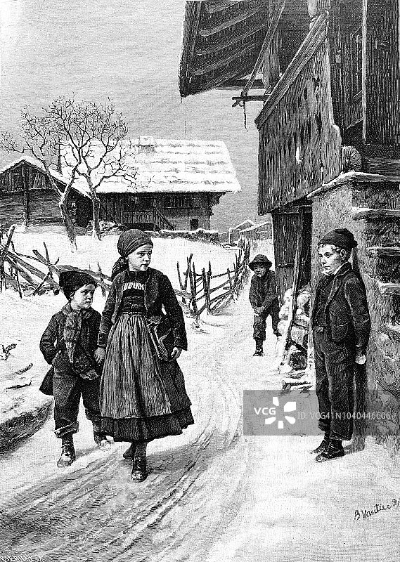 姐弟街头漫步，旁边男孩藏雪球图片素材