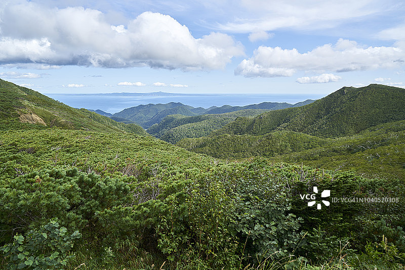 日本北海道知床国立公园：知床山口的全景，鄂霍次克海图片素材