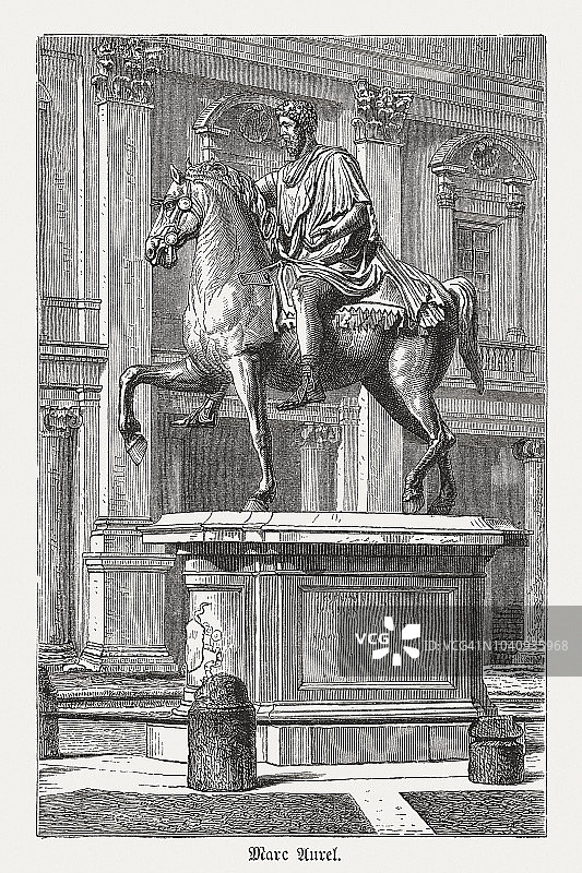 马可·奥勒留骑马雕像（公元165年），1876年出版的木刻图片素材