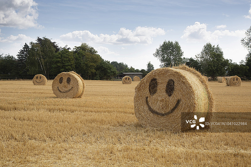 夏季田野里稻草捆上的笑脸图片素材