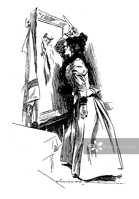 古董雕刻插图：女人毁坏画作图片素材