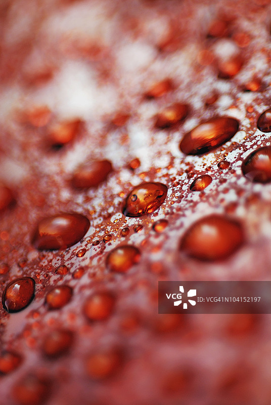 红色表面上的水滴特写图片素材