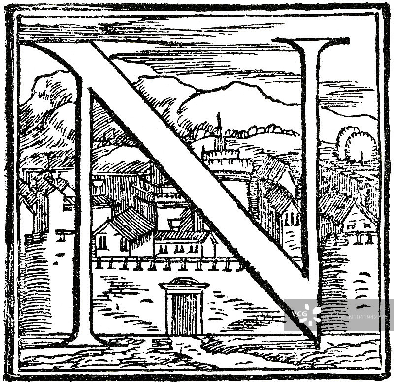 带有城镇的照明字母N图片素材