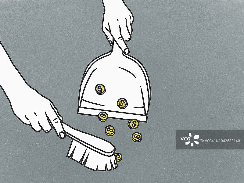 男人将美元硬币扫入簸箕图片素材