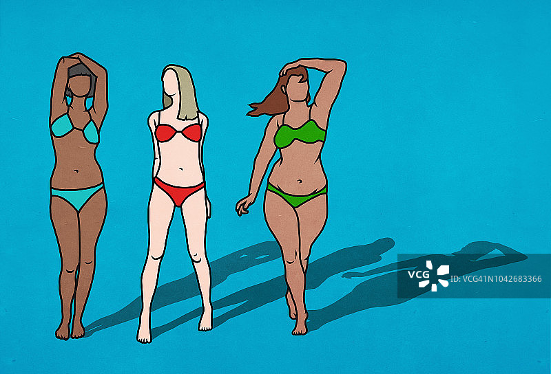 在蓝色背景下穿着比基尼的不同身材的女人图片素材