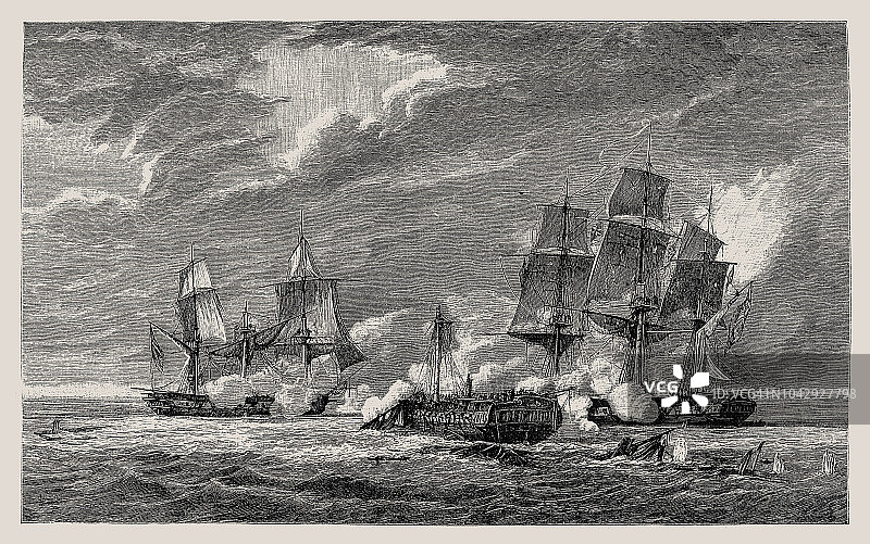 法国人与两艘英国护卫舰的战斗图片素材