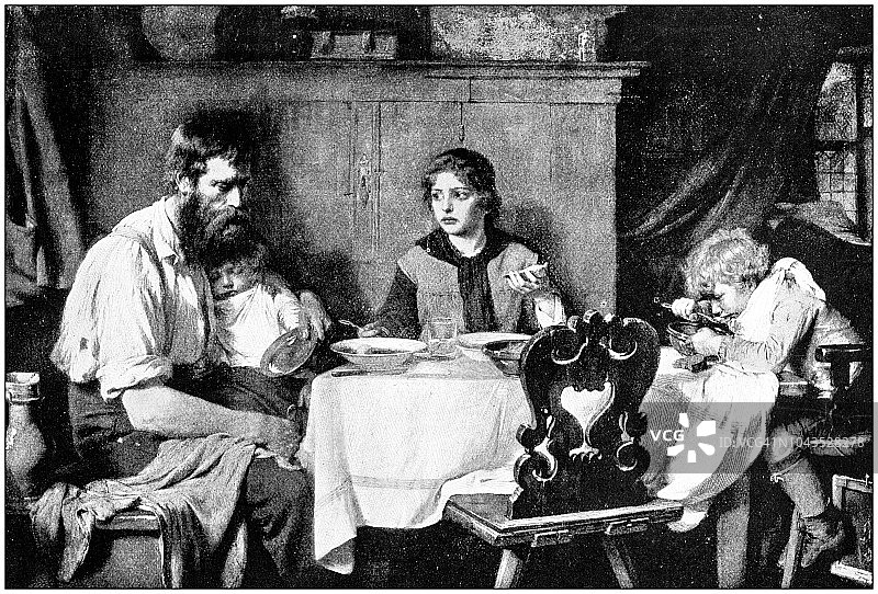 古董绘画插图：悲伤的家庭图片素材