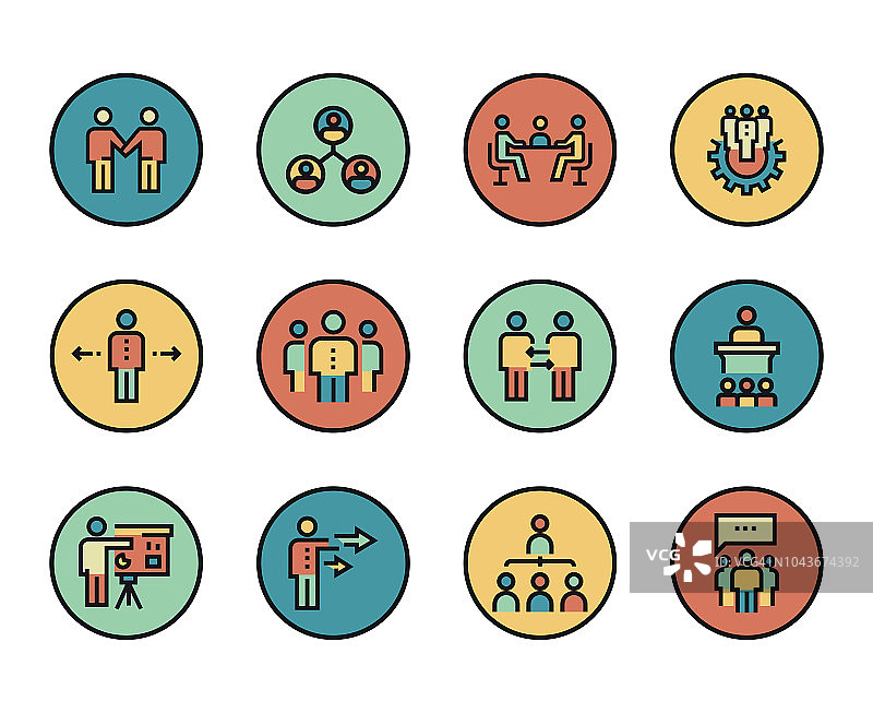 企业商务线性图标集。现代彩色扁平设计线性象形图集合。描边符号包的轮廓矢量概念。优质网络图形材料。图片素材