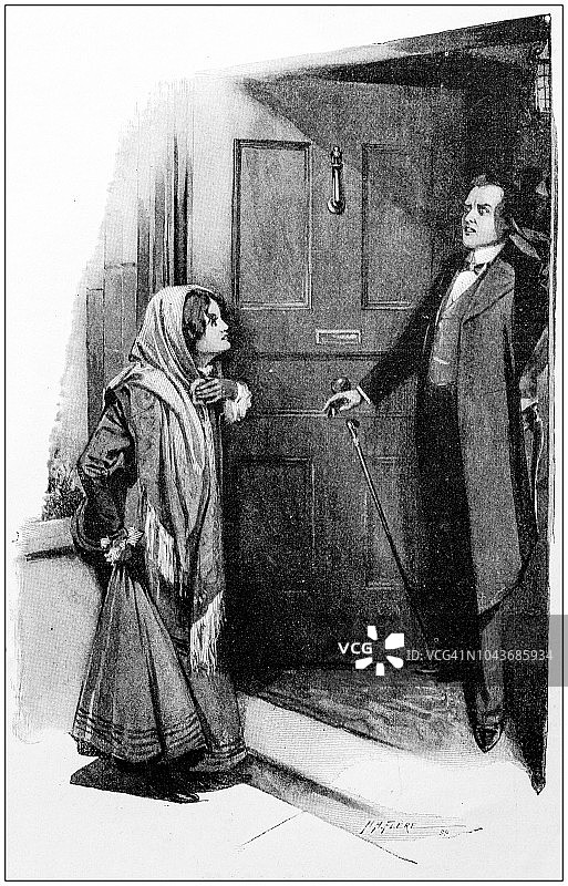 古董绘画插图：女孩进入房子图片素材