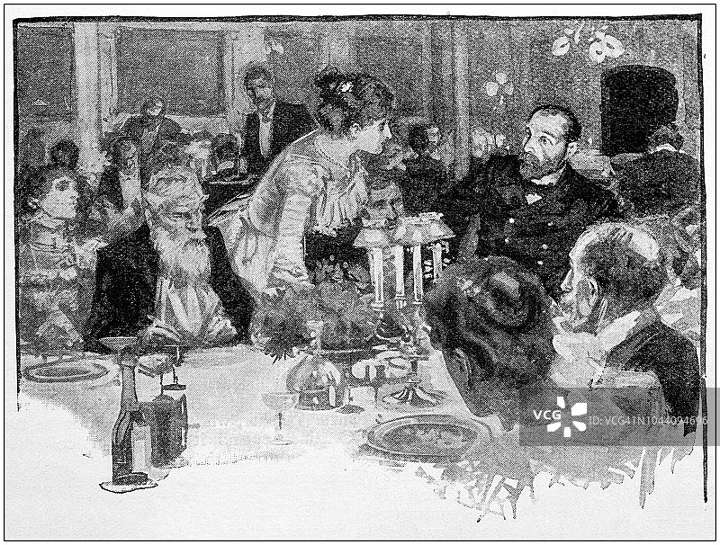 古代绘画插图：优雅的宴会晚餐图片素材