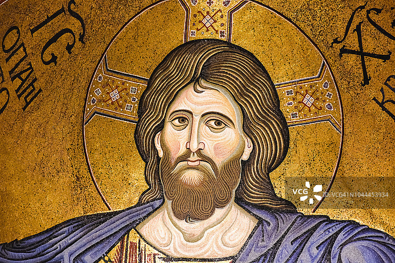 意大利西西里岛蒙雷阿莱大教堂基督圣像马赛克特写图片素材