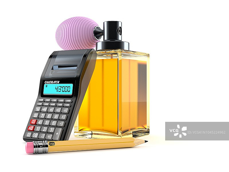 香水瓶与计算器、铅笔图片素材