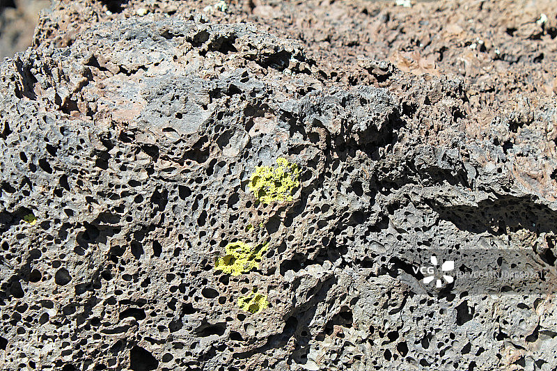 火山岩特写，有黄色地衣和气泡孔图片素材