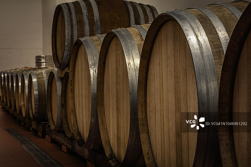 酒窖中的一排酒桶图片素材