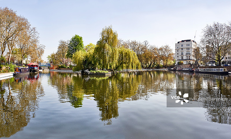西伦敦小威尼斯中心的柳树和岛屿图片素材