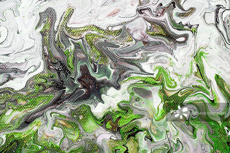抽象彩色流体丙烯颜料背景纹理，绿色、灰色和白色图片素材