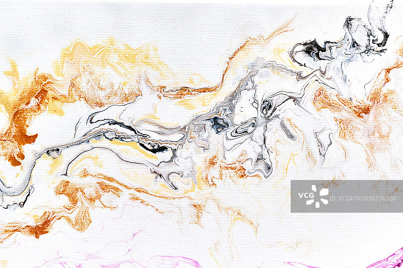 抽象的彩色背景纹理流体艺术丙烯酸涂料，黄色橙色和黑色覆盖白色图片素材